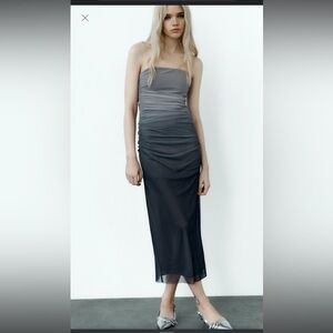 Zara Grey Ombré Printed Strapless Tulle Midi Dress